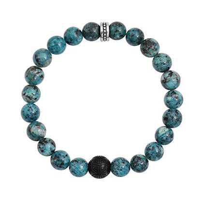 Geoffrey Beene Natural Stone Elastic 9mm Beaded Bracelet with Black Good Fortune Piece - color: Azurite Chrysocolla