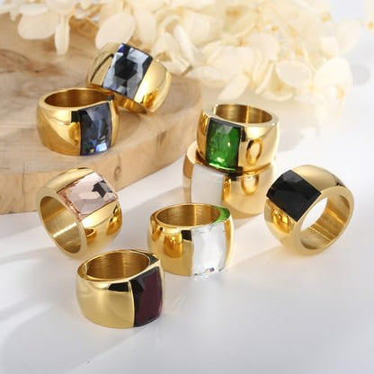 OIDIMS Stunning Large Statement Glass Crystal Rhinestone Band Cocktail Ring Cubic Zirconia Stainless Steel Thick Chunky for Women Men18k Gold Plated Friend Graduation Gift Evening Party - color: Champagne Gold, size: 8