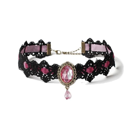 CSIYANJRY99 Gothic Choker Necklace for Women Halloween Red Crystal Vampire Choker Steampunk Lace Choker Witch Costume Accessories - style: Pink