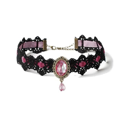 CSIYANJRY99 Gothic Choker Necklace for Women Halloween Red Crystal Vampire Choker Steampunk Lace Choker Witch Costume Accessories - style: Pink