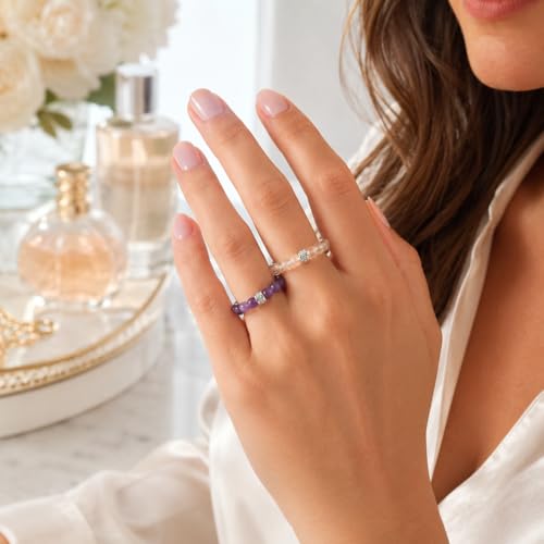 4Pcs Crystal and Amethyst Beaded Ring Set for Women, Handmade Stackable Stretch Rings with Pearl Accent, Dainty Gift Jewelry