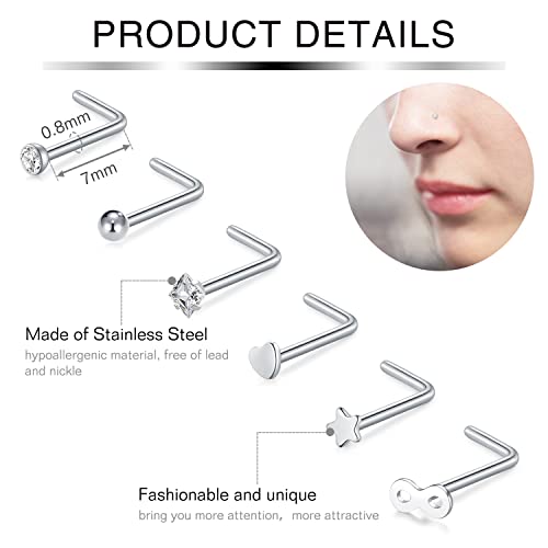 Incaton 20G Stainless Steel Nose Rings for Women Nose Rings Hoops L Shaped Nose Studs Screw Nose Piercing Jewelry for Women Men Silver Rose Gold Black Rainbow - color: Silver 33P