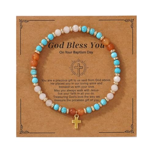 Christian Colorful Natural Gemstones Stone Seed Beaded Bracelets for women Men, Handmade Gold Cross Healing Crystal Jewelry, Lucky Amulet Faith Daily Party Friendship Holiday Gift - color: Blue Celestite