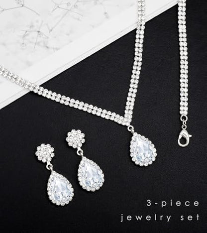 Elegant Silver Crystal Wedding Necklace Earrings Bracelet Jewelry Set for Women Brides Bridesmaids Prom Party Costume Accessory Bridal Jewelry - color: silver-white