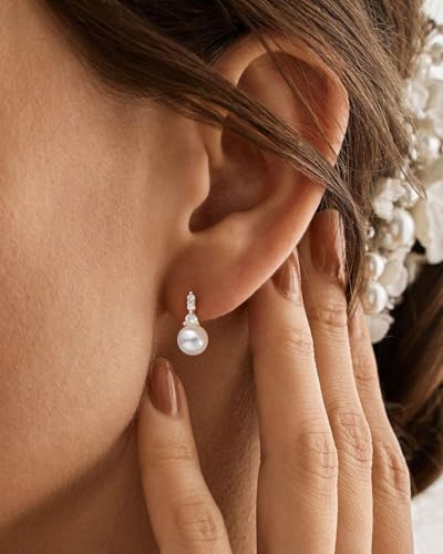 Pearl Earrings - 14K Gold/White Gold/Rose Gold Plated Cubic Zirconia CZ Diaomond Accented Pearl Drop Dangle Earrings for Women Wedding Bridal Prom - color: Style 221
