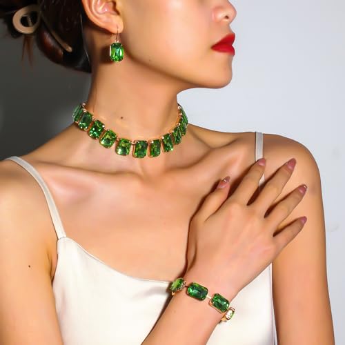 KOSMOS-LI Rectangle Faux Crystal Jewelry Sets Includ Necklace Bracelet Earrings For Women Stocking Stuffers - color: green
