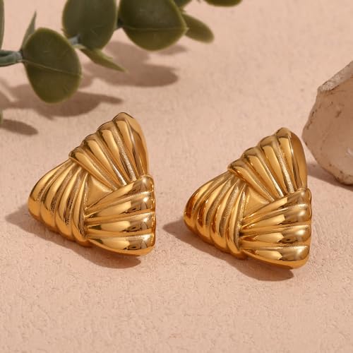 Geometric Ribbon Stud Earrings for Women, 14K Gold Plated Stainless Steel Hypoallergenic Chunky Statement Geometric Dangle Drop Earrings, Striped Stud Earrings - color: Gold