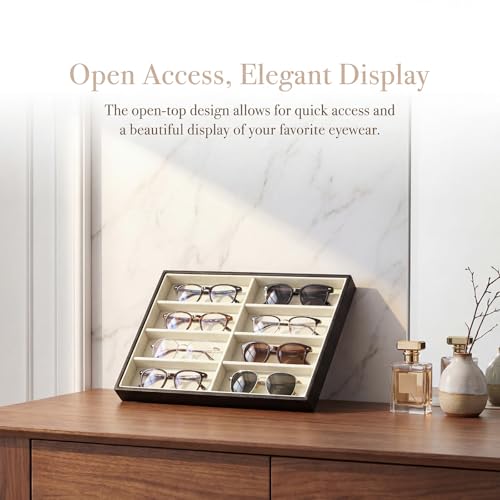 Stratalife 8 Grids Drawer Sunglasses Organizer Tray, Beige PU Velvet | Stackable Eyeglasses Storage Case with Removable Dividers, Jewelry Display Case for Necklace Bracelet, 13.78x9.5x1.2inch - color: Beige-02