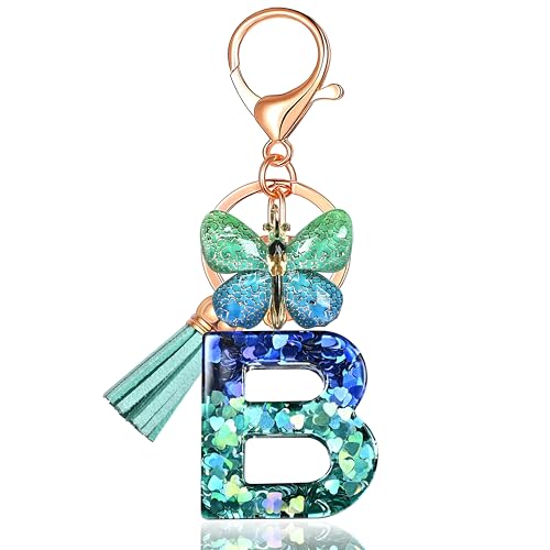 JINGUAZI Butterfly Initial Letter Keychain Bag Charms for Women | Cute pendant accessories for purses, handbags, backpacks, car keys, small gift for her young women, mothers, teachers - color: B-blue Green