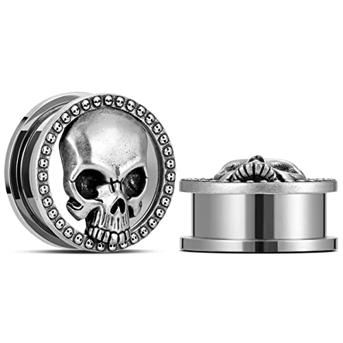 ERKUOO 2PCS Skull Ear Gauges Screw Ear Plugs Tunnels Ear Flesh Tunnels Piercing Earrings Hangers Expander Stretchers 0g-1"(8mm-25mm) - color: #3 Silver, size: 1"=25mm
