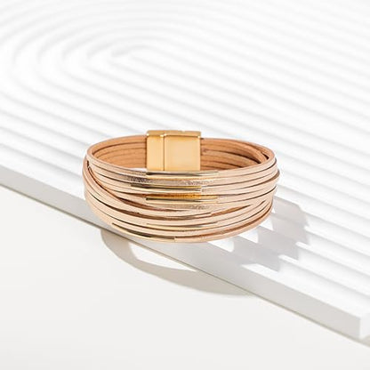 Gold Tube Leather Wrap Bracelets Boho Chunky Stackable Layered Western Cuff | Stacked Bohemian Cool Magnetic Clasp Bangles Statement Cowgirl Hippie Country Festival Accessories for Women Trendy - color: Rosy Metallic