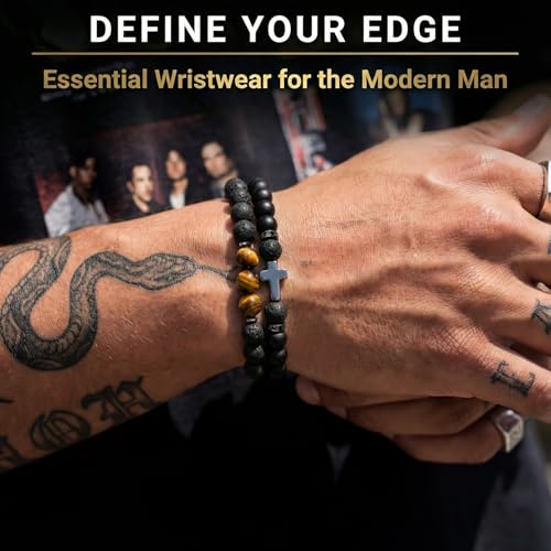 Flybar Men's 4 Piece Beaded Bracelet Set, Natural Lava Stone Black Onyx Matte Agate Tiger Eye, Stretchable Elastic Handmade Stackable - color: CK03 Black Agate