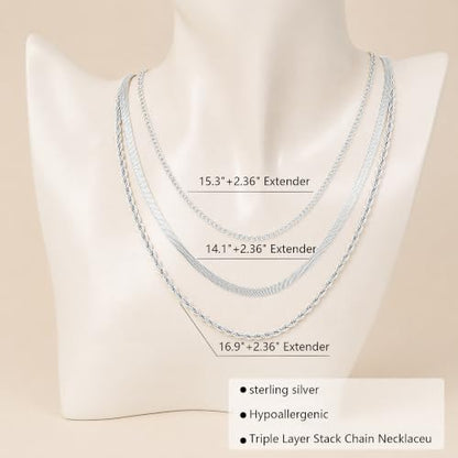 Layered Necklaces for Women, 3 Chain Choker Set, 14k Gold/Silver Plated | 3 Detachable Strands, 7+ Ways to Wear, Tangle Free Design, Herringbone Rope Curb Textures, Tarnish Resistant - color: Silver