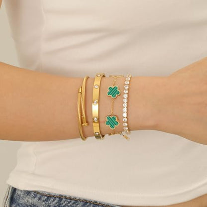 Gold Bracelets for Women, 18K Gold Plated Women Tennis Bracelets Clover Nail Love Bangle Bracelet Set, Gold Bracelet Stackable Set Trendy Jewelry, Gifts for Women's Day and Mother's Day - color: 07-Color-green