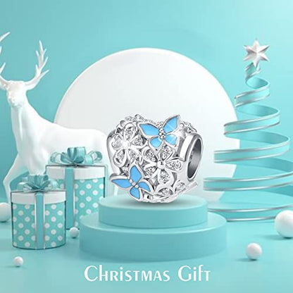 Butterfly Flower Garden Charm Magnolia Bloom Crystal Opennwork Enamel Bead for Pandora Charm Bracelet - style: Bule Butterfly Flower