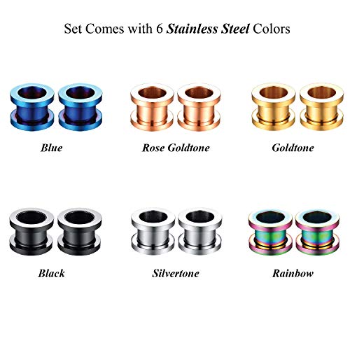 12-Piece Ear Tunnels, Screw-On 316L Stainless Steel, 12G-22mm | Polished surgical steel tunnels with secure screw-on double flares, colorful body piercing jewelry for women and men - style: 4G = 5mm