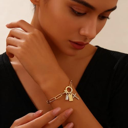 Initial Cross Charm Bracelet, 18K Gold Plated Dainty Paperclip Link Chain Bracelets for Women, Non Tarnish, A-Z Letter Bracelet Personalized Gifts Gold Jewelry for Women - color: Letter-C