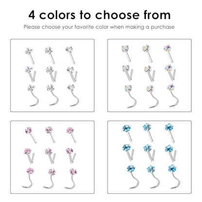316L surgical steel hypoallergenic nose ring nail cubic zirconia nose ring screw L-shaped nose puncture body jewelry straight nose nail (9 pcs) 3 styles 3 shapes (Silver (straight rod 3、 L rod 3 、spiral screw 3))