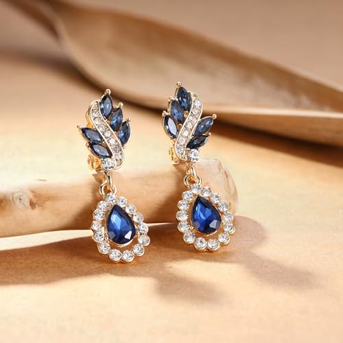 EleQueen Women's Austrian Crystal Art Deco Tear Drop Dangle Earrings Clip-on - color: 01-Gold-tone Blue Color