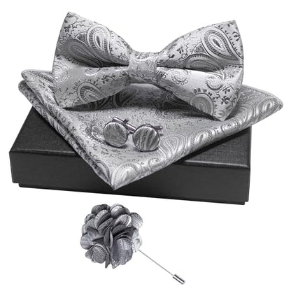 JEMYGINS Mens Paisley Bow Tie and Lapel Pin Necktie Pocket Square and Tie Clip with Sets for Business Casual 4PCS - color: Silver