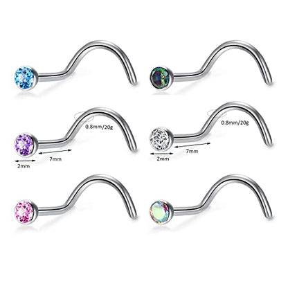 BelezaDosas 6pcs G23 Titanium Nose Studs 18G 20G Screw Nose Ring Press Fit 2mm 2.5mm 3mm Piercing Jewelry for Sensitive Skin - style: 18G 2.0mm CZ 6pcs