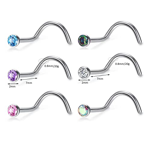BelezaDosas 6pcs G23 Titanium Nose Studs 18G 20G Screw Nose Ring Press Fit 2mm 2.5mm 3mm Piercing Jewelry for Sensitive Skin - style: 20G 2.0mm CZ 6PCS
