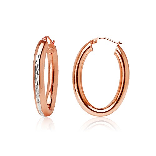 Hoops & Loops 925 Sterling Silver 4.5mm Thick Oval Diamond-Cut Hoop Earrings, 25mm 30mm, Silver, Yellow Gold, Rose Gold & Black - color: Rose Gold 25mm-1''