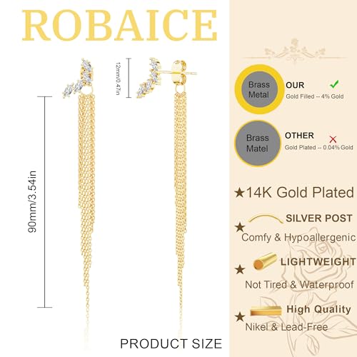 Robaice Long Gold Dangle Earrings for Women, 14K Plated Tassel Earring | Gold Chain Dangling Earrings, Trendy Drop Prom Earring, Lightweight Statement Party Jewelry, Gift for Women - style: F-cz dangle drop tassel