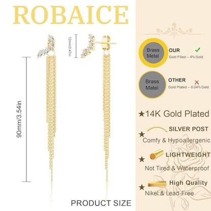 Robaice Long Gold Dangle Earrings for Women, 14K Plated Tassel Earring | Gold Chain Dangling Earrings, Trendy Drop Prom Earring, Lightweight Statement Party Jewelry, Gift for Women - style: F-cz dangle drop tassel