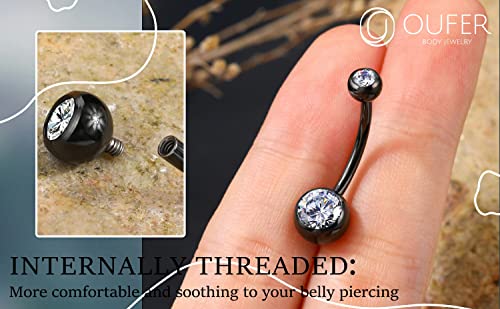 OUFER Titanium Belly Button Rings, Internally Threaded Belly Ring, Round CZ Navel Rings for Women Men - color: Black, size: 1.6*14MM