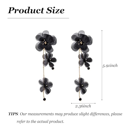 Flower Earrings for Women Long Fabric Flower Tassel Earrings Bohemian Handmade Floral Statement Earring Wedding Prom Jewelry Gifts - color: A3：black