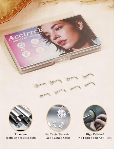8Pcs Nose Rings Studs Set for Women Men: Hypoallergenic G23 Titanium/316L Surgical Stainless Steel Nose Studs, Nickel-free Lead-free L Shaped Corkscrew Nose Piercing Jewelry CZ 1.5mm 2mm 2.5mm 3mm - style: Titanium 8Pcs 20G L Shaped Silver