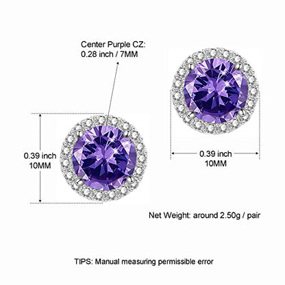 YOMELA Round Cubic Zirconia Stud Earrings for Women | Everyday Dainty, Diamond-Like Brilliance, CZ Halo Birthstone Studs, Hypoallergenic & Lightweight, Elegant & Versatile - color: Purple