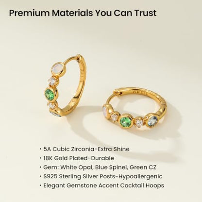 ARSIS Bubble Huggie Hoop Earrings for Women with Cubic Zirconia, Platinum/18K Gold Plated Bezel Hoop Earrings with Opal, Hypoallergenic Lightweight Jewelry, Clear/Ruby/Emerald Green/Aqua/Sapphire/Pink - color: Emerald & Diamond(White Opal)