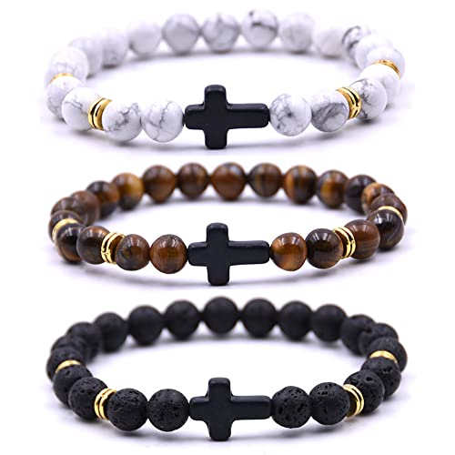 Beaded Bracelets Cross Bracelet for Women Men Lava Rock Turquoise Tiger Eye Natural Bracelet Anxiety Healing - color: 3Pcs-black cross