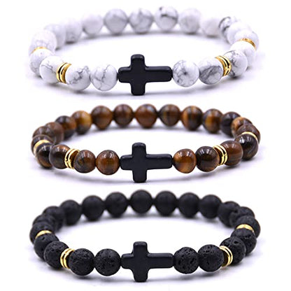 Beaded Bracelets Cross Bracelet for Women Men Lava Rock Turquoise Tiger Eye Natural Bracelet Anxiety Healing - color: 3Pcs-black cross