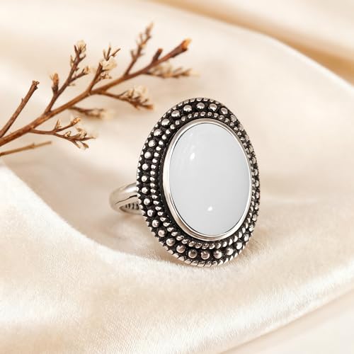 Retro Sterling Silver Stone Ring,Antique Natural Real Oval Crystal Quartz Gemstone Boho Bohemian Ring Jewelry for Women - color: A05_White Agate