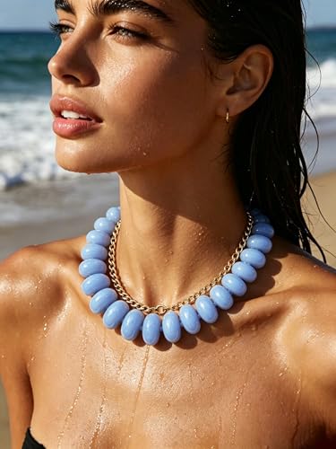 CSIYANJRY99 Chunky Beaded Necklace for Women, Large Colorful Resin Beads Statement Necklace, Boho Summer Beach Vacation Jewelry Gifts - color: Light Blue