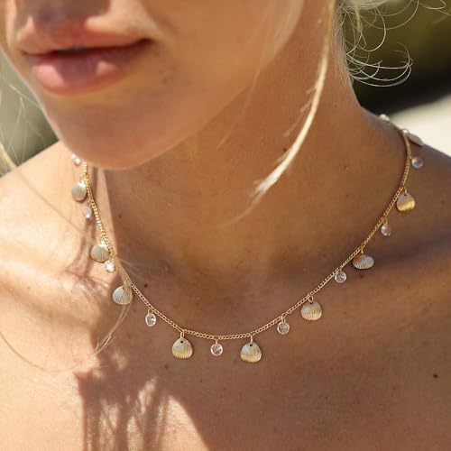 MTMY Gold Choker Necklace for Women, 14K Gold Plated Dainty Cubic Zirconia Cross Heart Shell Teardrop Charm Station Necklaces Trendy Summer Jewelry Gift - style: Shell