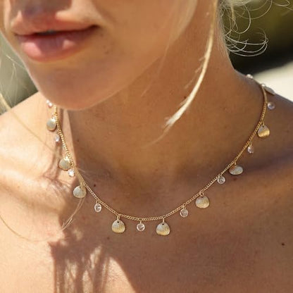 MTMY Gold Choker Necklace for Women, 14K Gold Plated Dainty Cubic Zirconia Cross Heart Shell Teardrop Charm Station Necklaces Trendy Summer Jewelry Gift - style: Shell