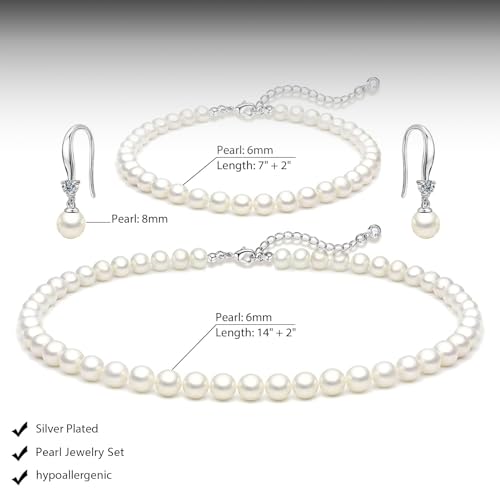 HERIER Gold Jewelry Set for Women - Dainty 14K Gold/Silver Plated Pearl Choker Necklace, Drop Earrings & Bracelets - Wedding Trendy Pearl Jewelry Gift - color: Pearl Necklace+Bracelet+Earrings-Silver