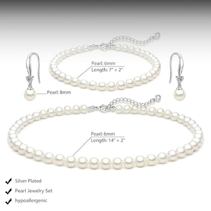 HERIER Gold Jewelry Set for Women - Dainty 14K Gold/Silver Plated Pearl Choker Necklace, Drop Earrings & Bracelets - Wedding Trendy Pearl Jewelry Gift - color: Pearl Necklace+Bracelet+Earrings-Silver