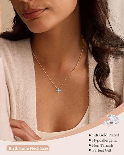 ZHESHY Birthstone Gold Necklaces for Women Dainty 14K Gold Plated Necklace | Simple Non Tarnish Diamond Cubic Zirconia Pendant Necklaces Women Gold Trendy Jewelry Bridesmaid Birthday Gifts - color: Light Blue March