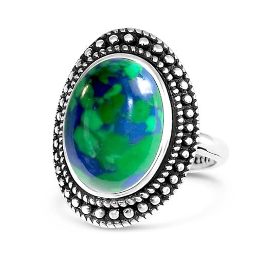 Retro Sterling Silver Stone Ring,Antique Natural Real Oval Crystal Quartz Gemstone Boho Bohemian Ring Jewelry for Women - color: A13_Green Blue Imperial Jasper