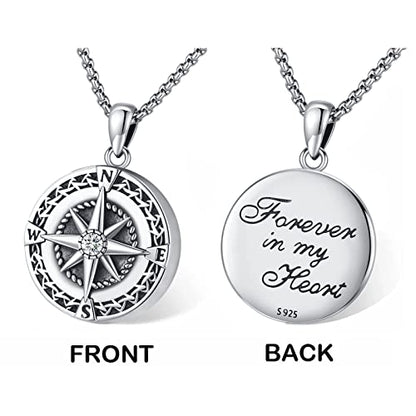 Compass Necklace for Women Men 925 Sterling Silver Pendant Urn Necklaces for Ashes Picture Locket Necklace Anchor Necklace Viking Necklace Crystals CZ Moonstone Abalone Shell Turquoise Compass Jewelry - color: Q-I-Compass Picture Locket, style: Locket