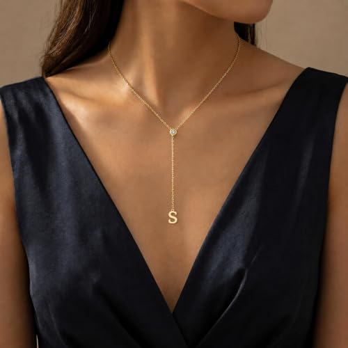 14K Gold Plated Initial Y Necklace for Women,CZ Letter Lariat Necklace | Dainty Long Necklace Y-Shaped Drop Letter Pendant Adjustable 16.5"+2" Long Chain Shiny CZ Trendy Jewelry Gift For Her - color: S