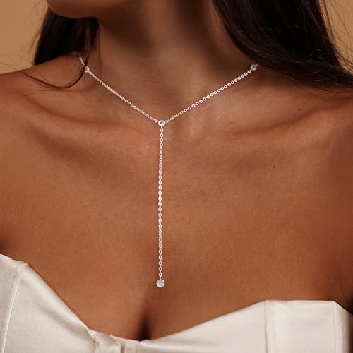 LuckFairy Lariat Necklace for Women，Dainty Gold Long Necklaces 14k Gold Plated CZ Lips Bead Y-Shaped Drop Chain Necklace Simple Gold Layered Necklaces for Women Trendy Gold Jewelry Gifts for Women - color: Silver Lariat Necklace
