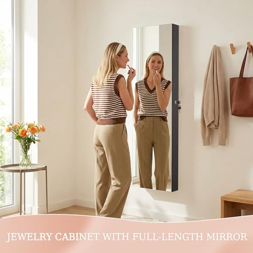 Unisakey Mirror Jewelry Cabinet,Lockable Wall or Door Mounted Jewelry Armoire Organizer With Built-up Mirror,LED Lights, Drawers,Cosmetic Trays,Shelves, 14.4"x3.15"x 43.1"（Black） | Door or Wall Mount Flexible,Drawers Cosmetic Trays Shelves Inside,Built-in