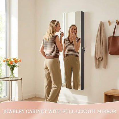 Unisakey Mirror Jewelry Cabinet,Lockable Wall or Door Mounted Jewelry Armoire Organizer With Built-up Mirror,LED Lights, Drawers,Cosmetic Trays,Shelves, 14.4"x3.15"x 43.1"（Black） | Door or Wall Mount Flexible,Drawers Cosmetic Trays Shelves Inside,Built-in