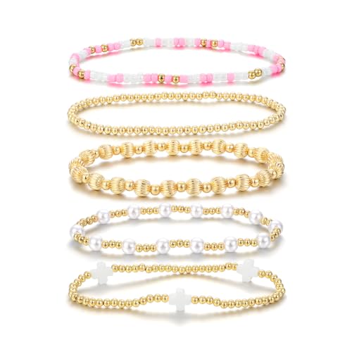 Dainty Gold Plated Pearl Crystal Beaded Bracelets Set for Women 14K Gold Plated Bead Pearl Beads Bracelet Stackable Paperclip Link Chain Bracelets Gold Plated Bracelets for Women Trendy Jewelry - color: Style4-gold bracelets set3